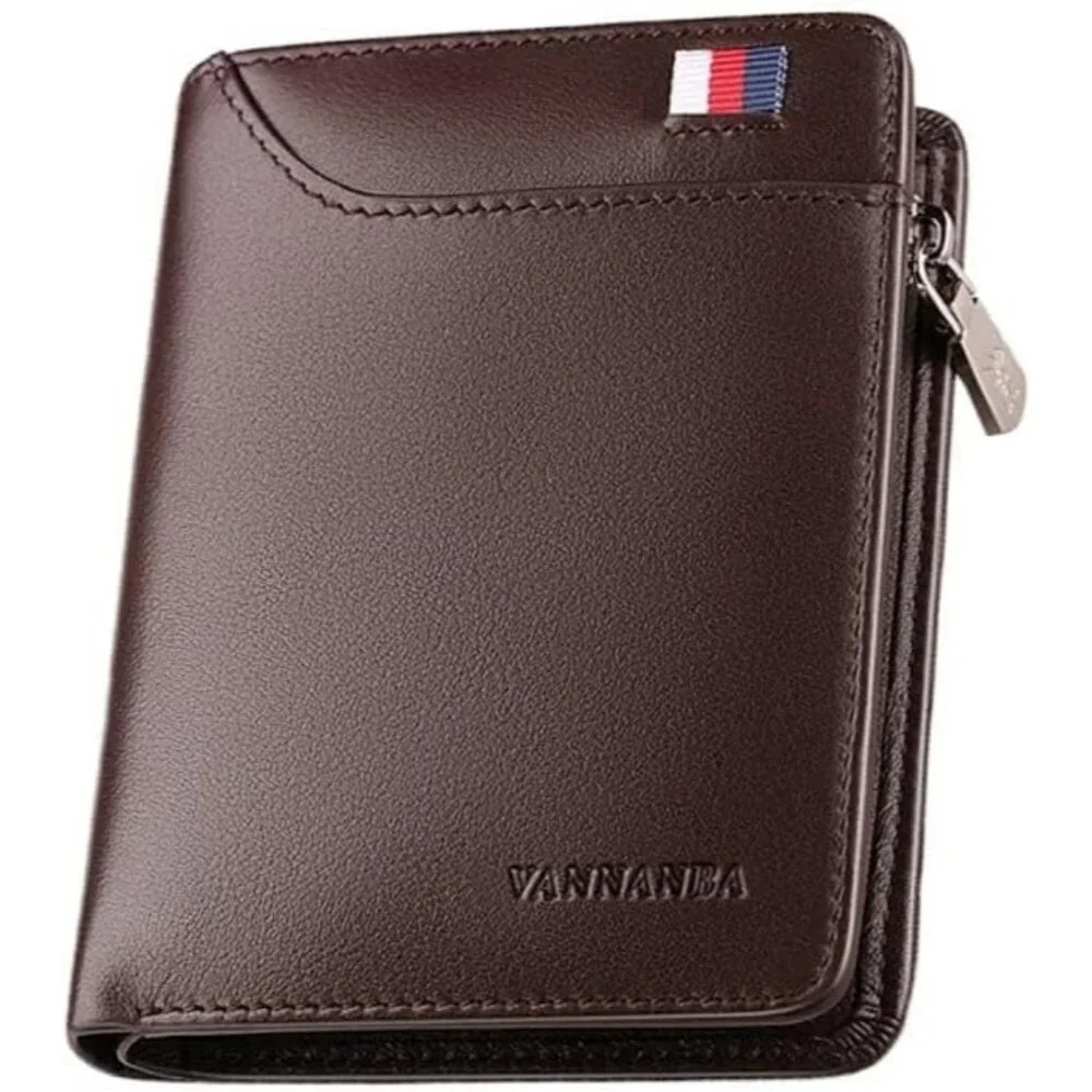 Men's Wallets Card Brown Genuine Leather Slim Front Zipper Coin Pocket Design